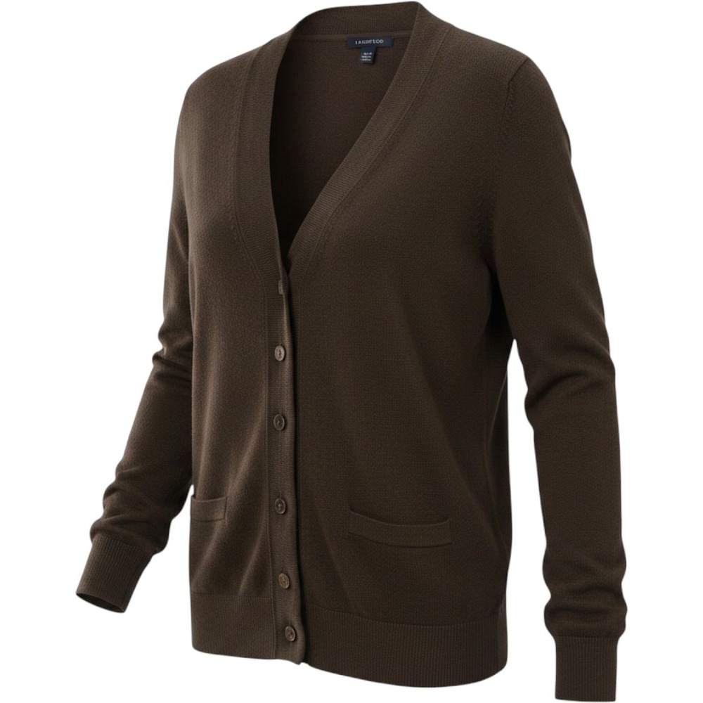 Womens Brown V-Neck Cardigan Cotton & Cashmere Medium Petite Lands End Minimal